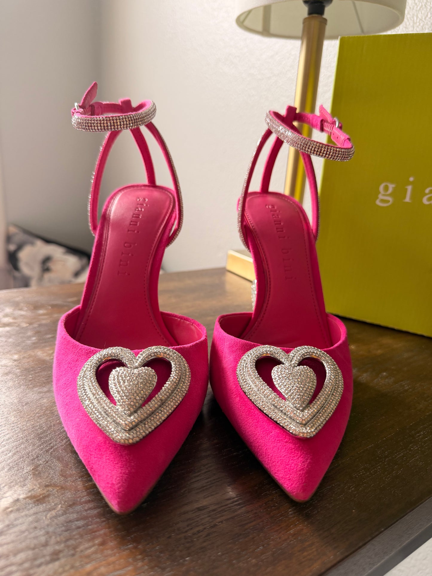 Gianni Bini Crystal Heart Heels – Fuchsia Suede with Sculptural Heel (US 9)