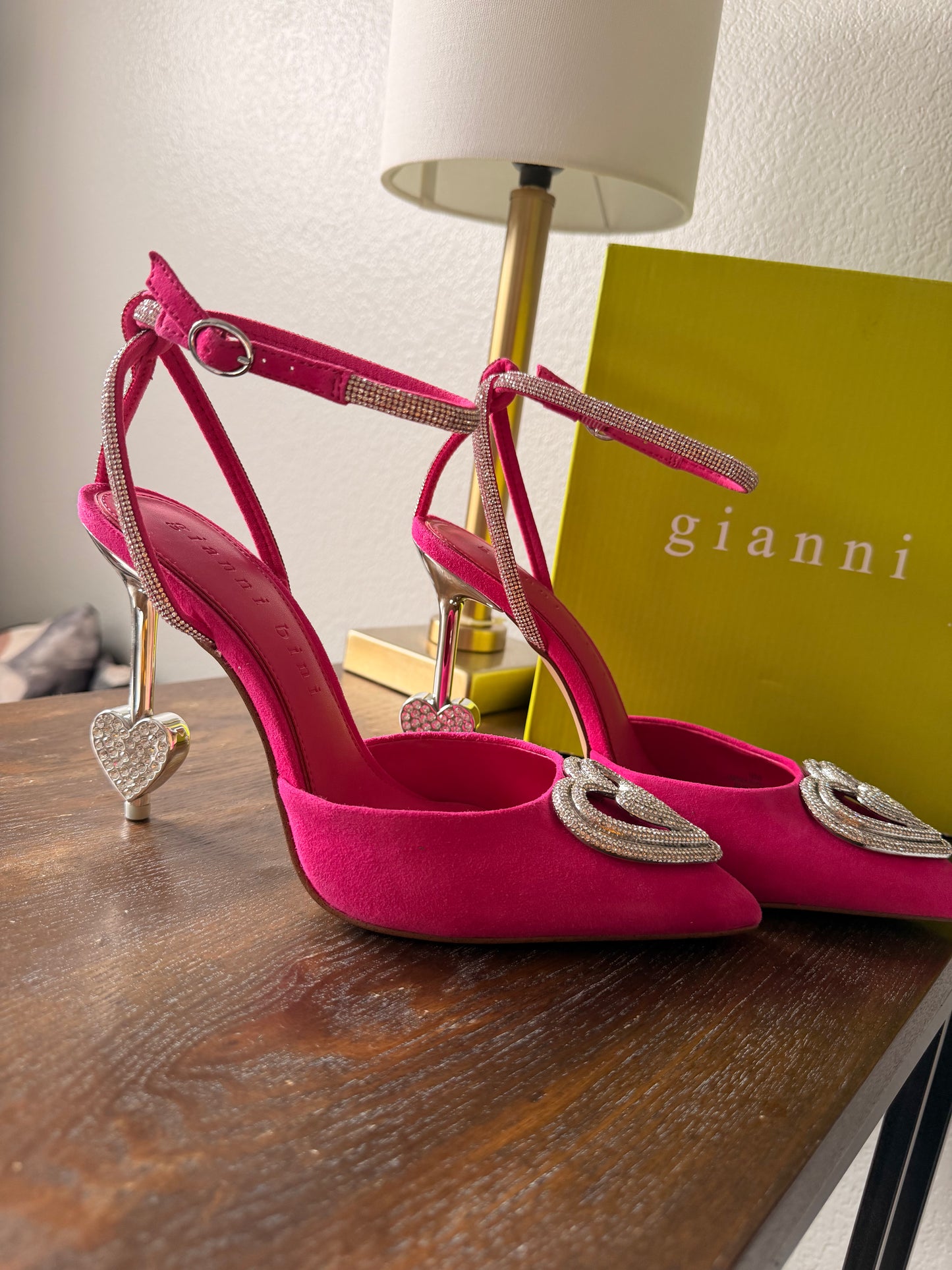 Gianni Bini Crystal Heart Heels – Fuchsia Suede with Sculptural Heel (US 9)