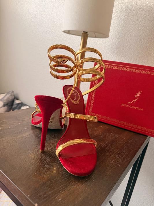René Caovilla Juniper Heels – Red Suede & Gold Snake (Brand New)