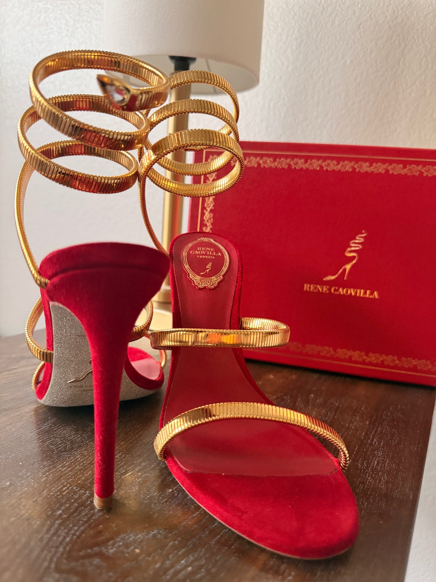 René Caovilla Juniper Heels – Red Suede & Gold Snake (Brand New)