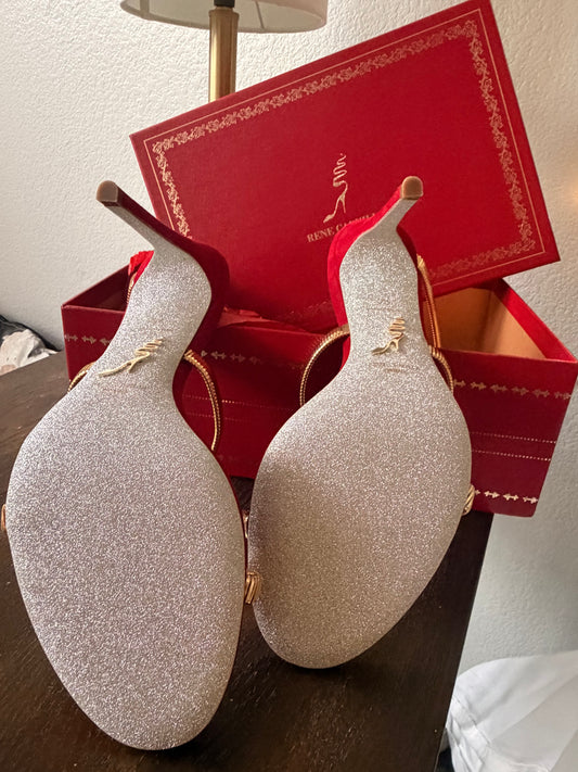 René Caovilla Juniper Heels – Red Suede & Gold Snake (Brand New)