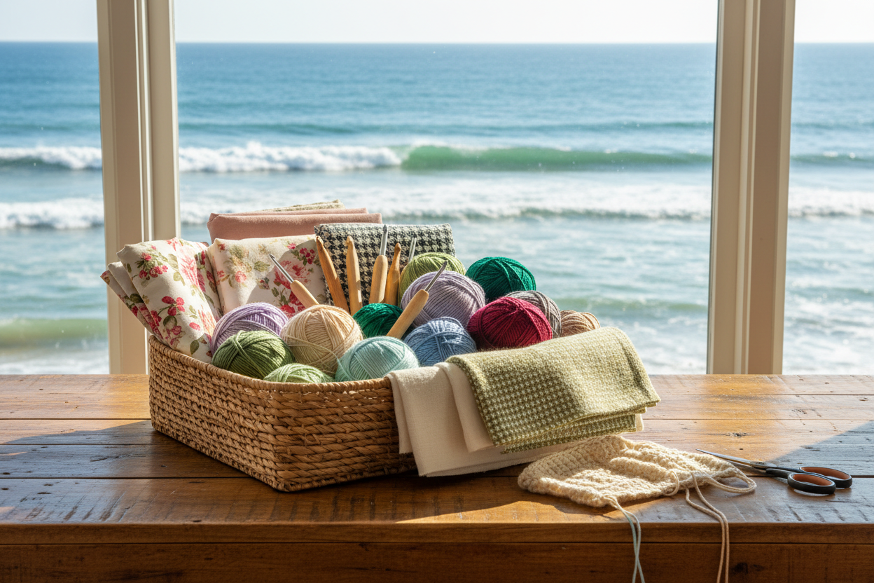 neatly  piled fabric with yarn and crochet sticks in a woven basket on a wooden table in front of a window with an ocean view